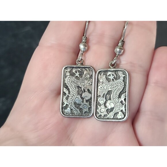 925 Sterling Silver Dragon Themed Rectangular Shaped Dangling Pierced Earrings - Picture 1 of 10